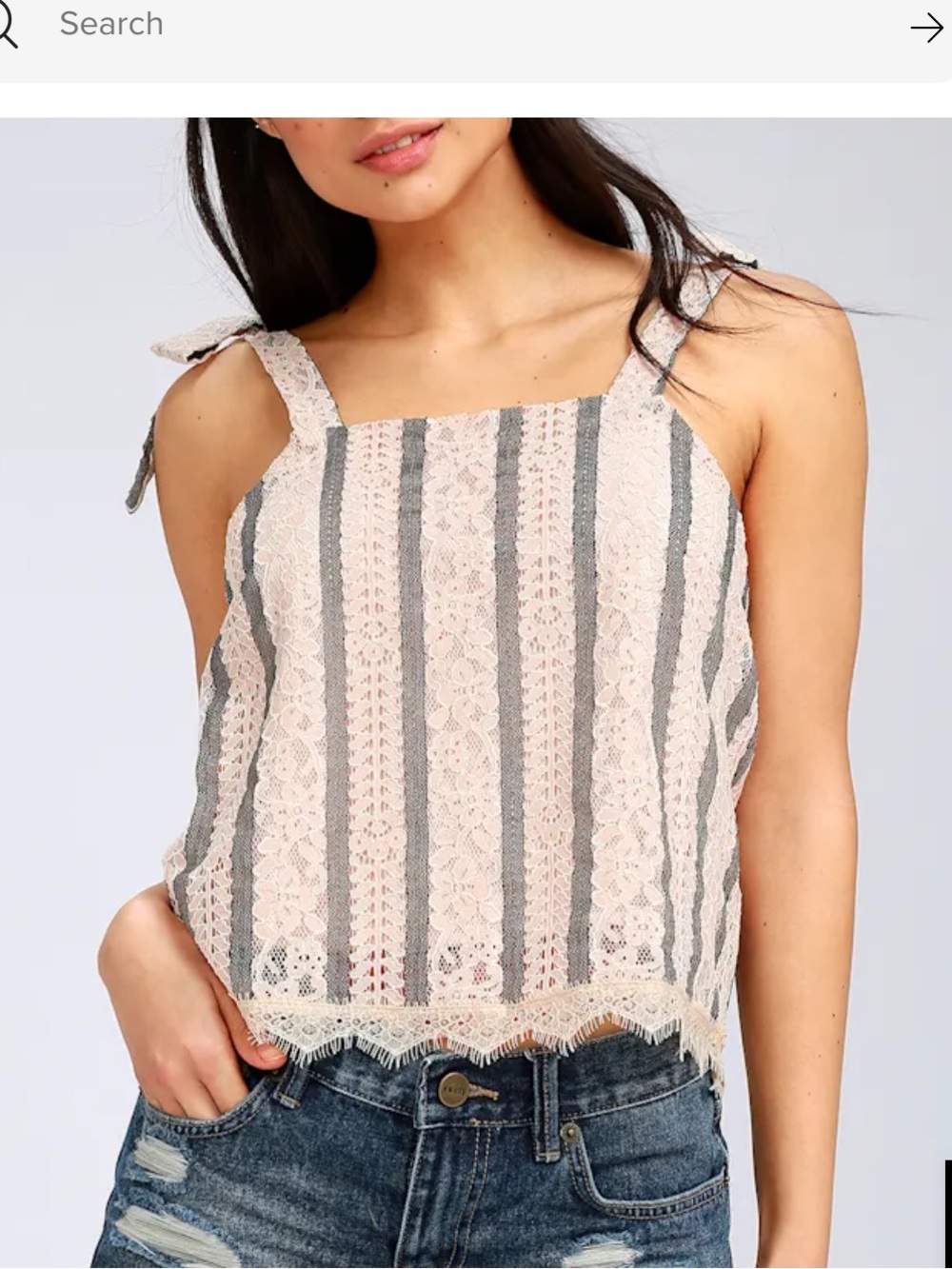J.O.A. Striped Lace Tie-Shoulder Tank Top - Blue and Cream Medium New